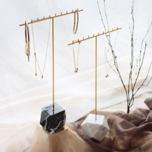 Brass T Bar Jewelry Display Stand with Marble Base for Necklace Earring 3