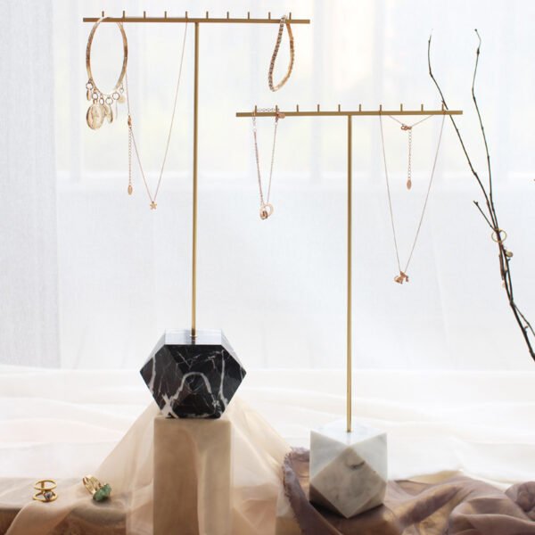 Brass T Bar Jewelry Display Stand with Marble Base for Necklace Earring 4