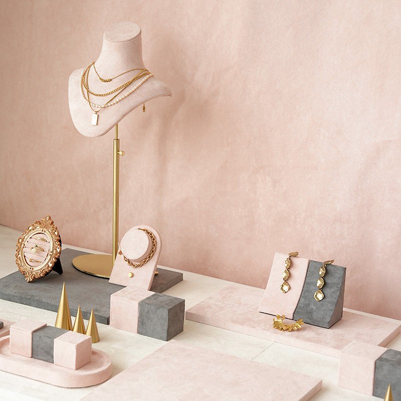 Pink Grey Velvet Jewelry Display Sets