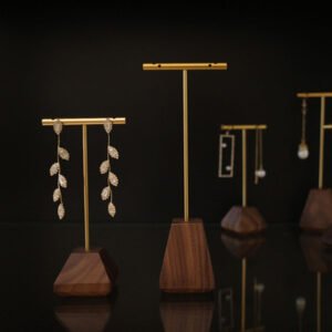 Gold T Bar Earring Display Stand with Wooden Base