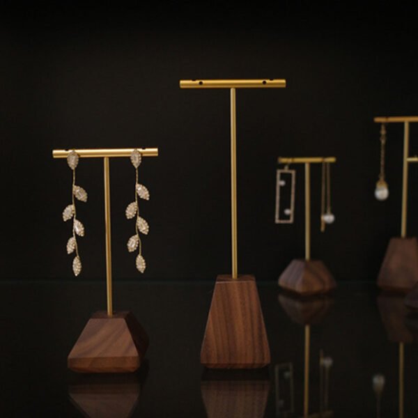 gold t bar earring display stand with wooden base 3