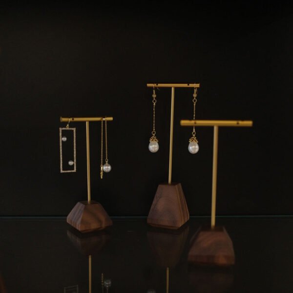 gold t bar earring display stand with wooden base 5
