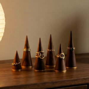 Dark Walnut Wood Ring Cone Holder Set with Brass Base ()