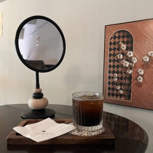 Black Antique Round Wooden Tabletop Makeup Mirror ()